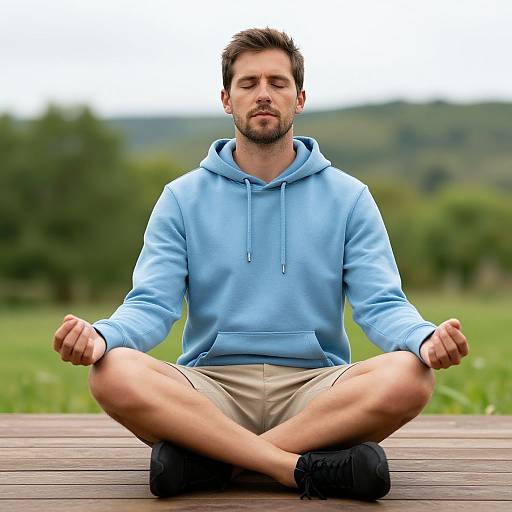 Young Man Meditating Outdoors in Blue Hoodie on Wooden Platform