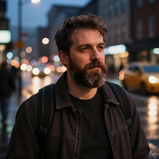 Thoughtful Bearded Man on City Street at Twilight