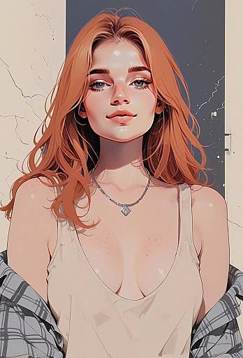 Confident Red-Haired Woman Digital Illustration in Beige Tank Top