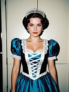 Woman Wearing Miss Elizabeth Costume with Tiara and Blue Satin Dress