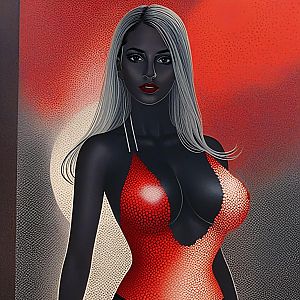 Striking Woman in Red Dress with Silver Hair