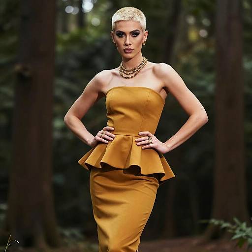 Fashion Model in Mustard Yellow Peplum Dress with Gold Jewelry