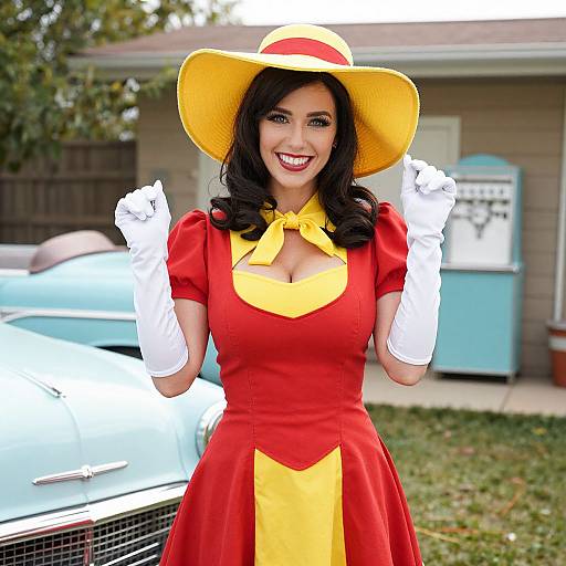 1950s Pin-Up Style Woman in Red and Yellow Outfit with Vintage Car