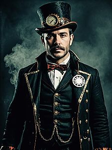Man in Steampunk Halloween Costume with Top Hat and Pocket Watch