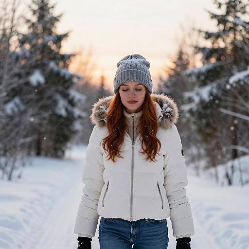 Red-haired Woman in Winter Jacket and Beanie in Snowy Landscape