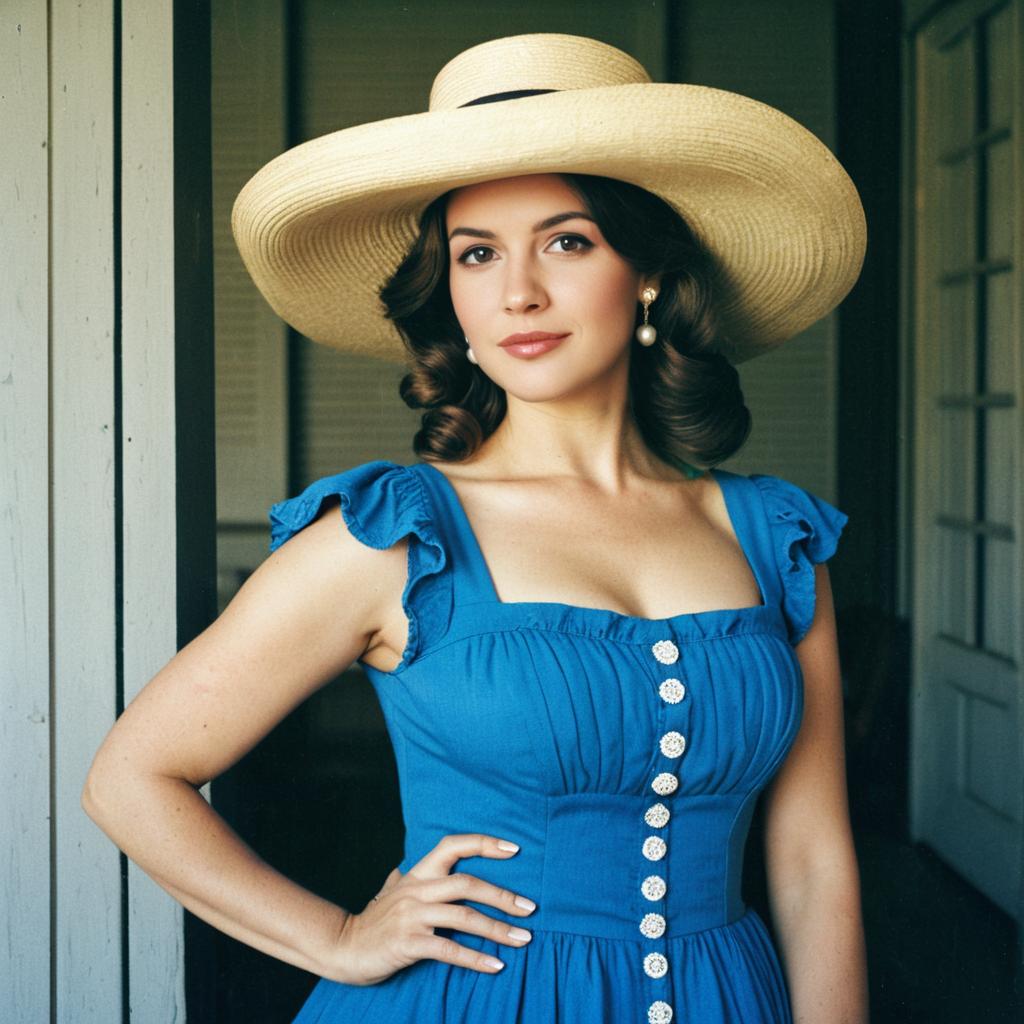 Southern Belle Woman in Blue Dress and Straw Hat Vintage Style Portrait