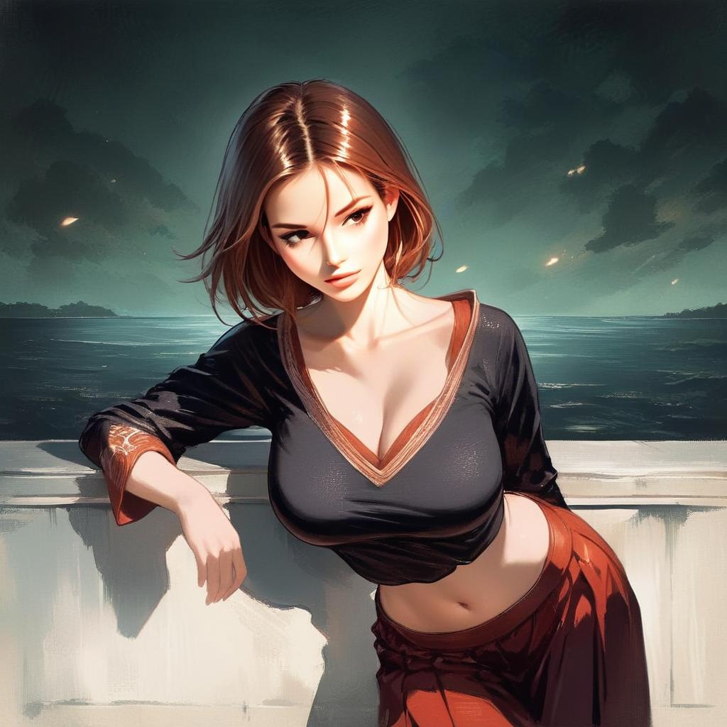 Auburn-haired woman by water under cloudy sky Auburn-haired woman by water under cloudy sky