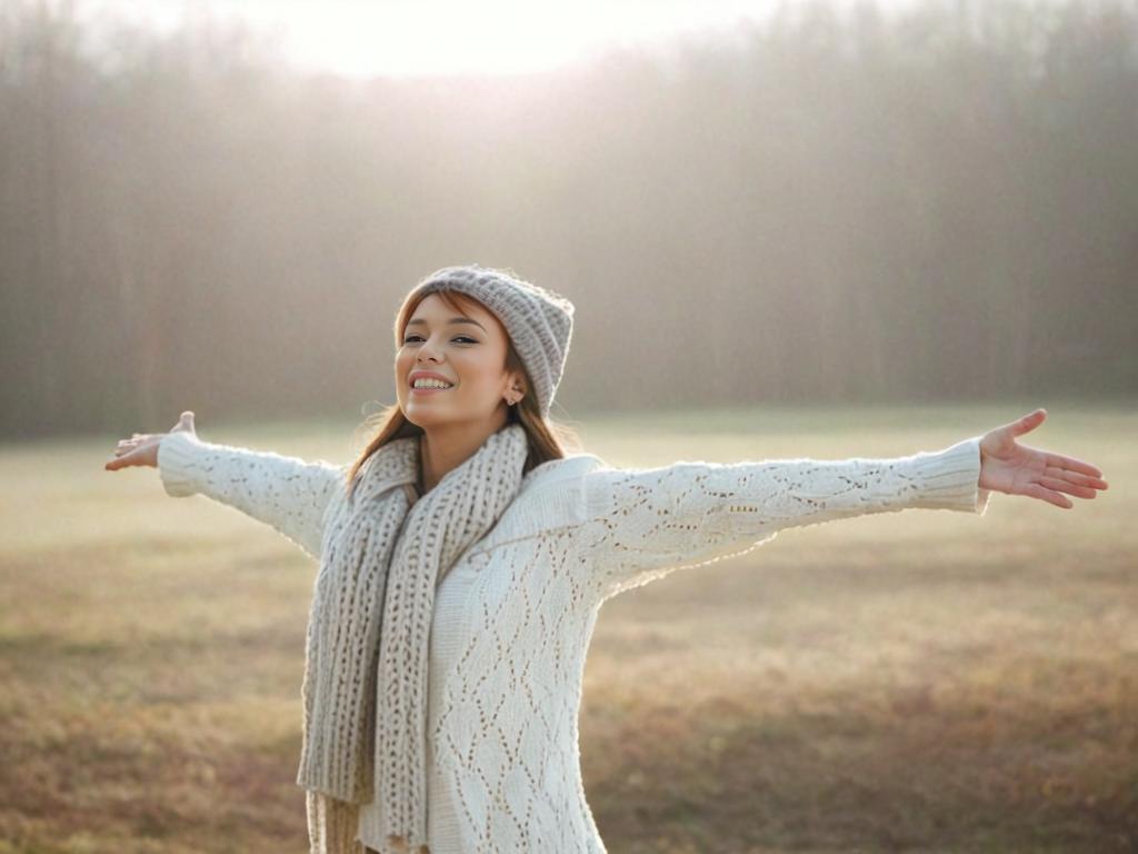 Woman Enjoying Morning Sun in Warm Sweater