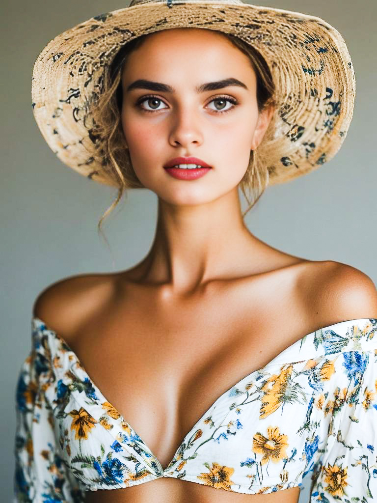 Elegant Young Woman in Floral Top and Straw Hat