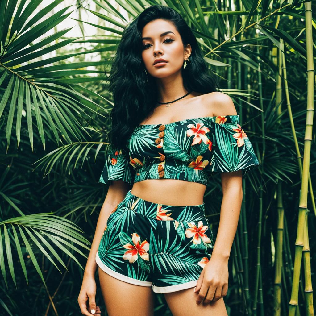 Tropical Summer Fashion Woman in Floral Crop Top and Shorts