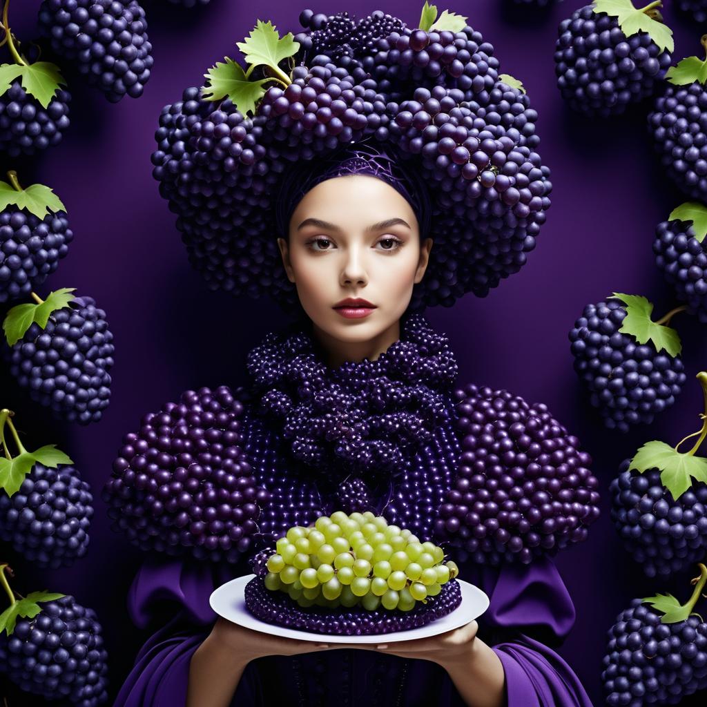 Model in Grape-Themed Outfit with Green Grapes