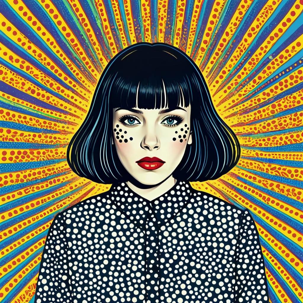Pop Art Woman with Bob Haircut and Polka Dot Shirt Against Vibrant Retro Background
