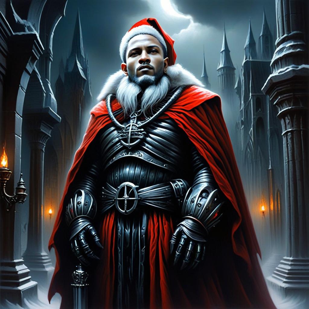 Powerful Man in Black Armor with Red Cape in Gothic Cathedral Powerful Man in Black Armor with Red Cape in Gothic Cathedral