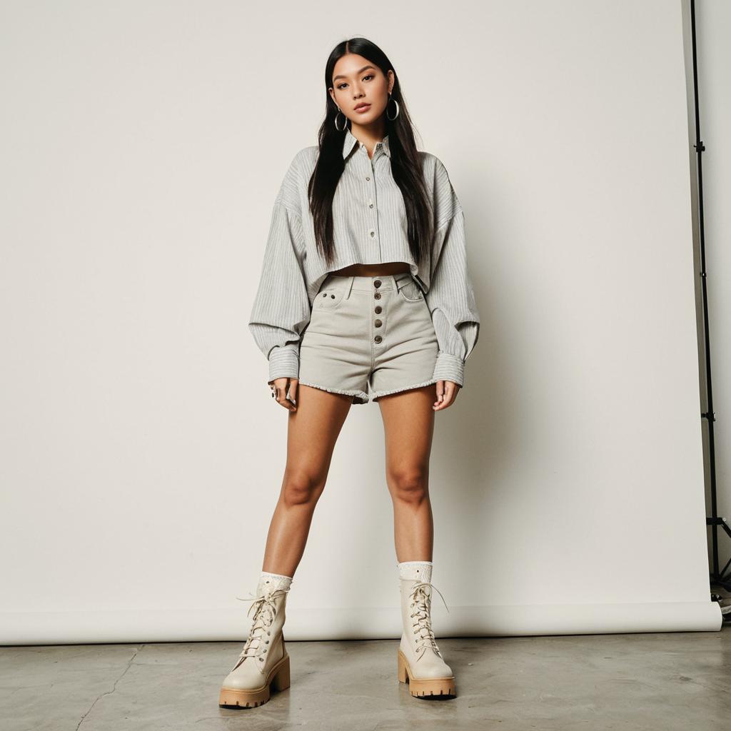 Woman Casual Streetwear Oversized Light Grey Button-Up Shirt with High-Waisted Shorts