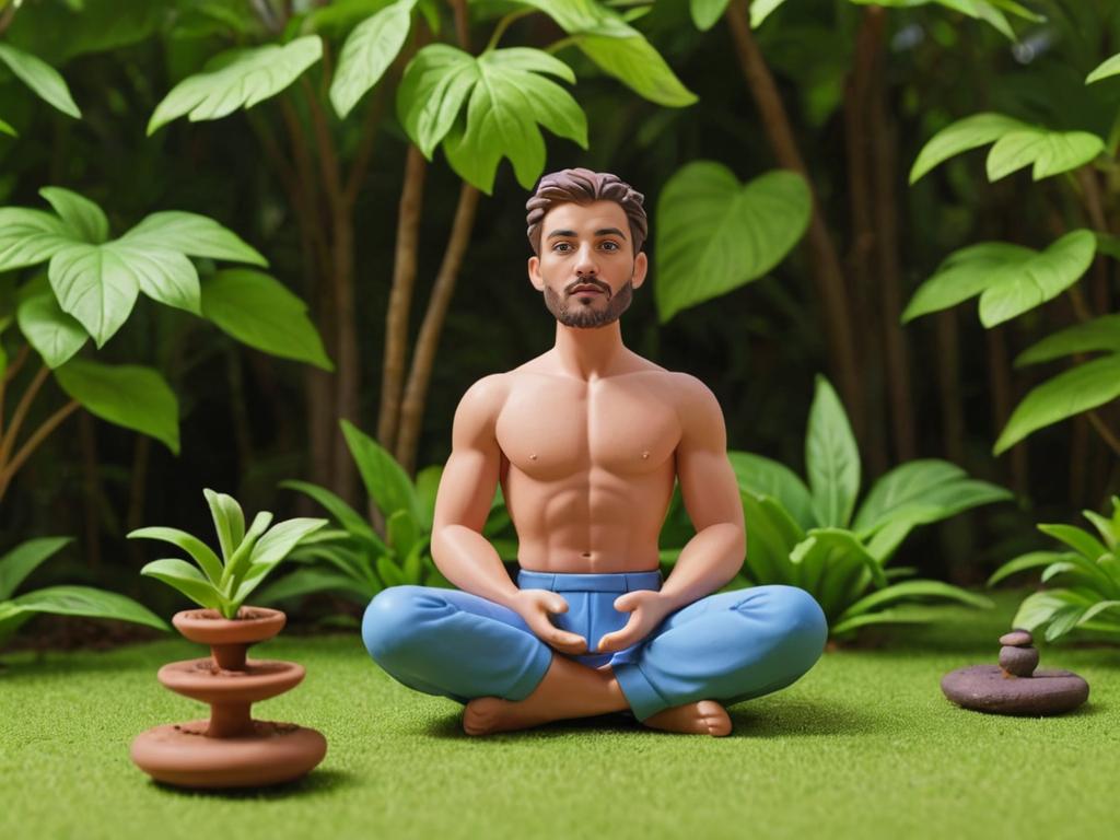 Meditating Man with Stone Sculptures in Nature