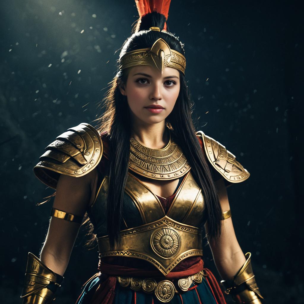 Woman in Ornate Golden Warrior Armor with Helm and Red Plume