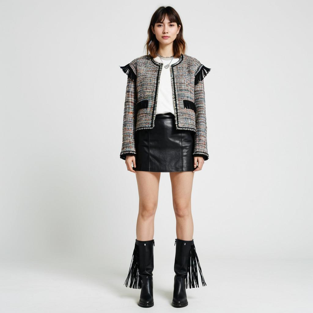 Woman Wearing Casual Chic Multicolor Tweed Jacket with Fringe Detailing