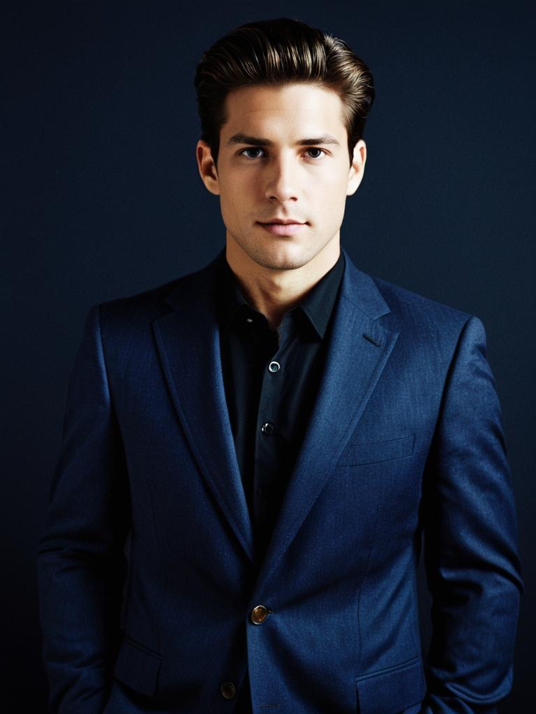 Young Man in Navy Blue Suit and Black Shirt Portrait
