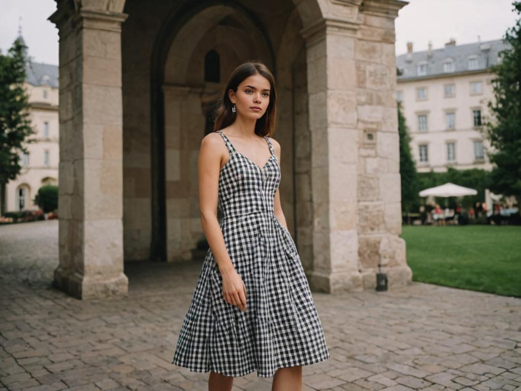 Stylish Woman in Checkered Dress in Urban Courtyard