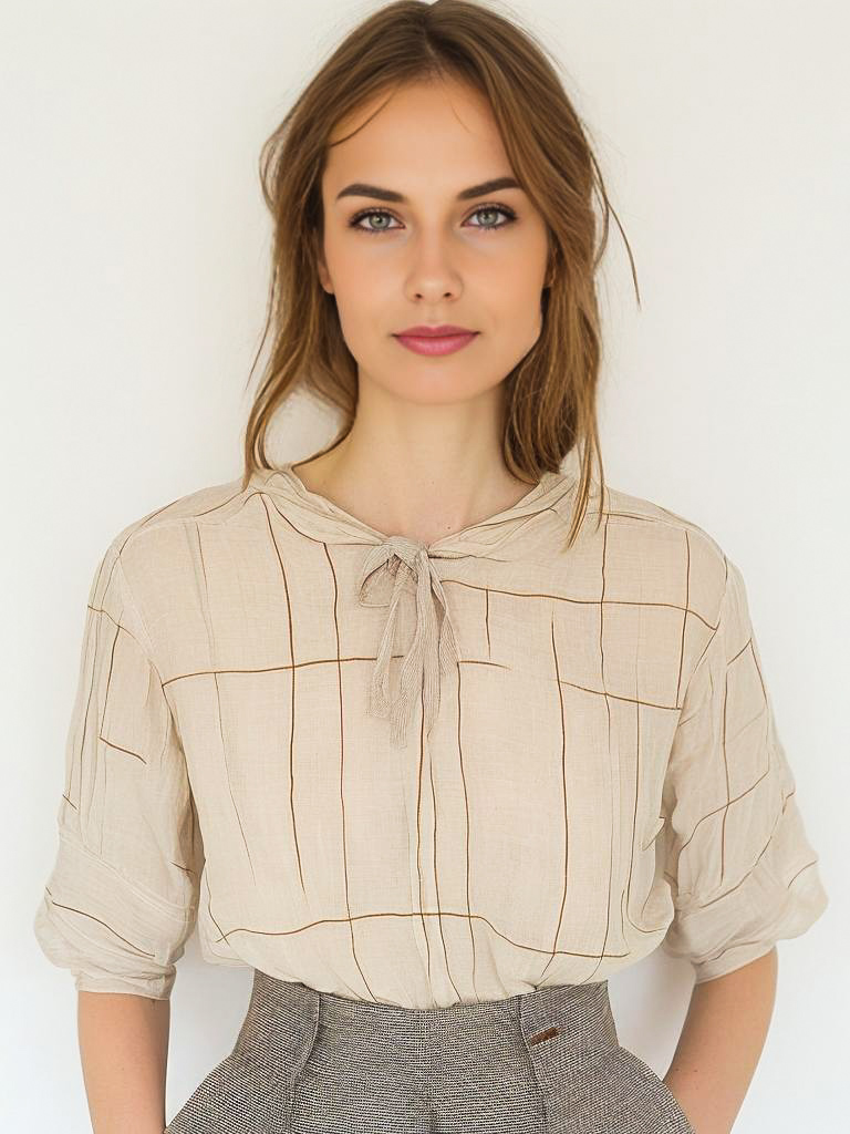 Stylish Woman in Beige Blouse with Tie Detail