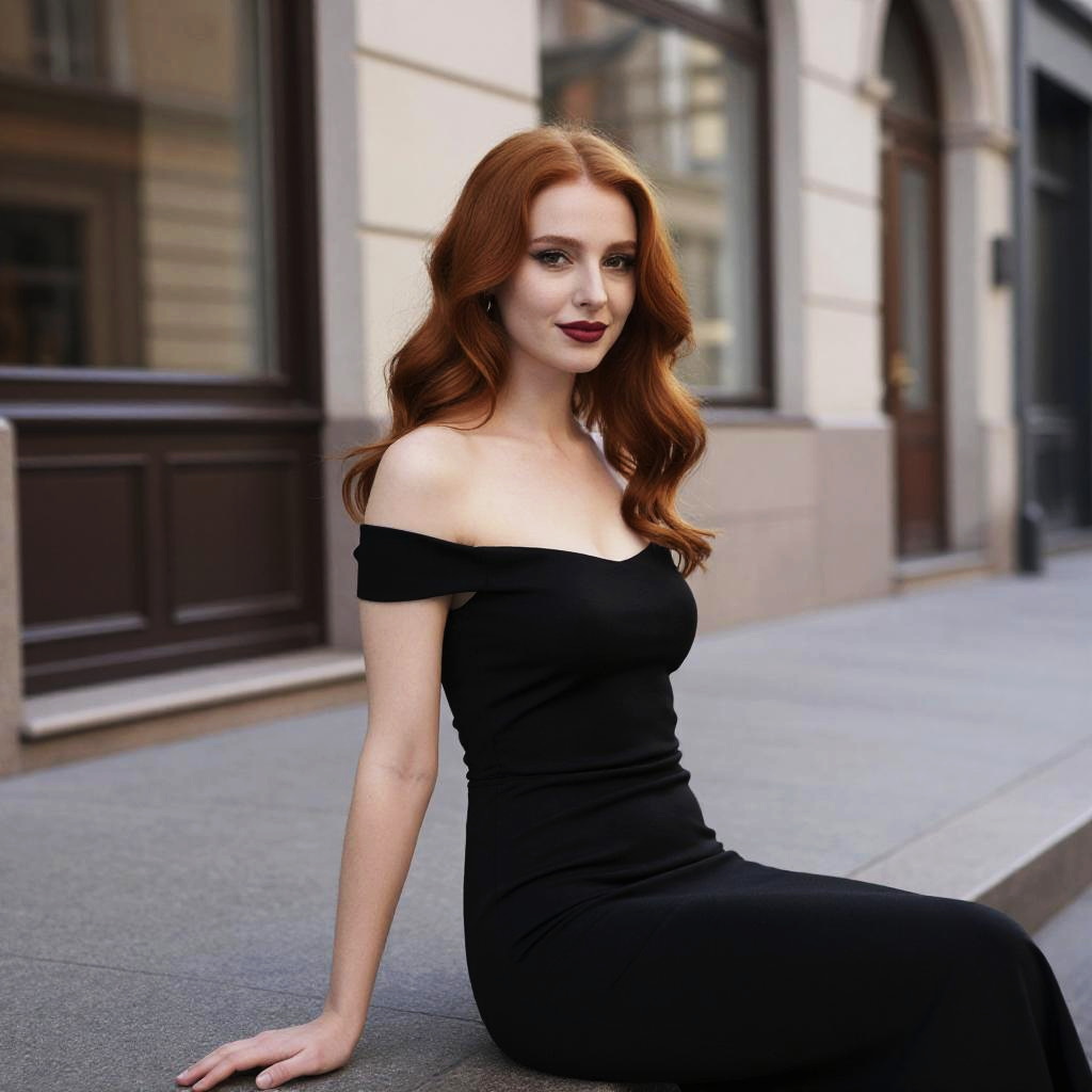 Elegant Red-Haired Woman in Black Off-Shoulder Dress Sitting Outdoors