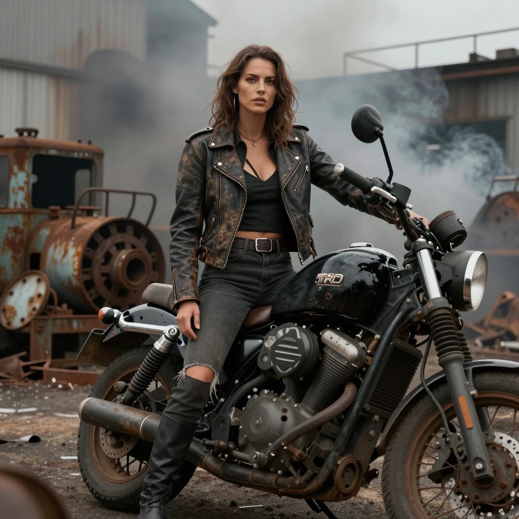 Confident Woman in Leather Jacket with Vintage Motorcycle in Industrial Setting