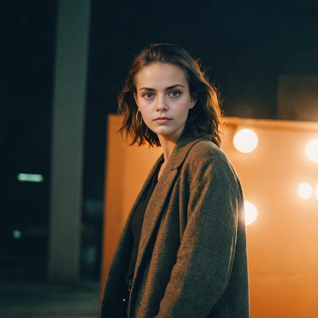 Woman in Brown Blazer at Night