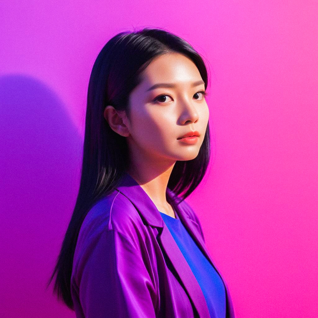 Confident Woman in Purple Blazer Against Pink Background