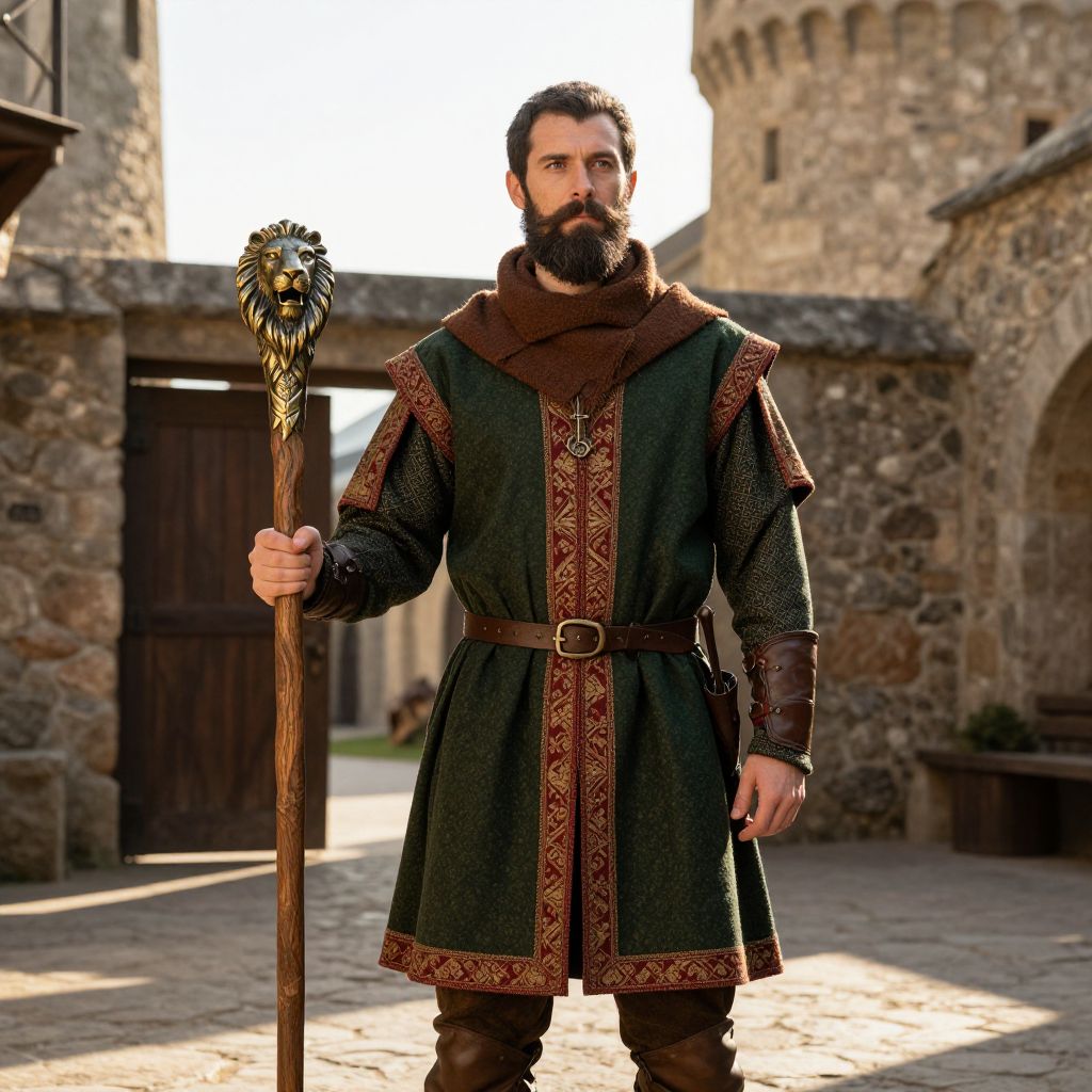 Medieval Nobleman in Castle Courtyard Holding Lion Staff