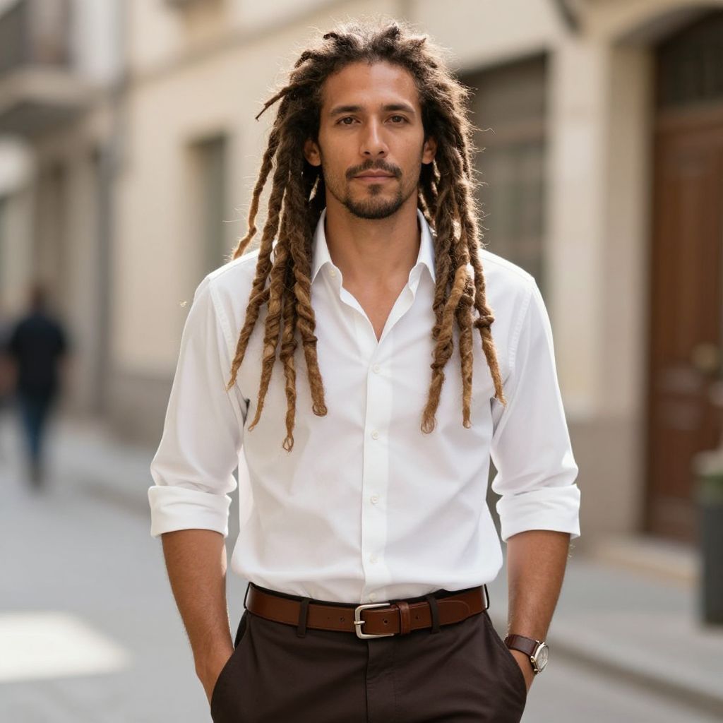Confident Man with Long Dreadlocks in White Shirt Casual Urban Portrait