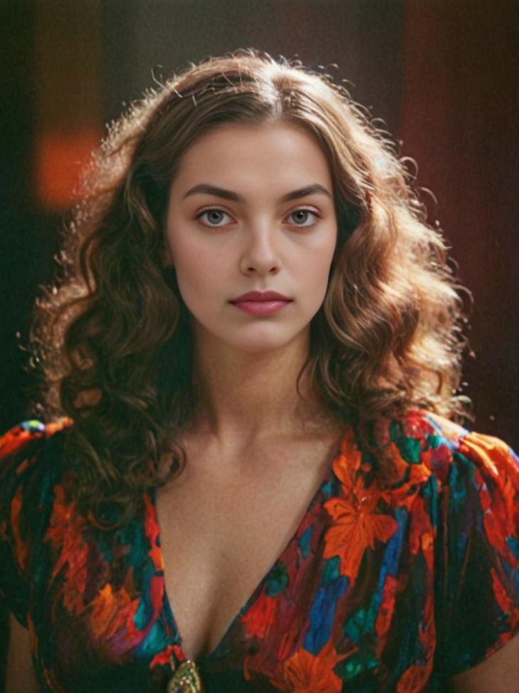 Retro Portrait of a Woman with Curly Hair in Floral Dress