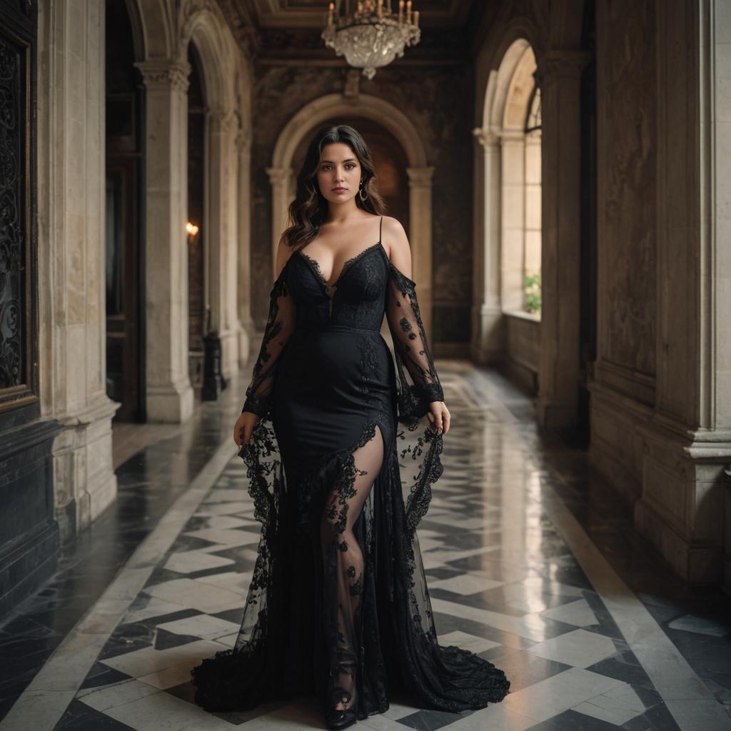 Elegant Woman in Black Evening Gown in Classic Hallway