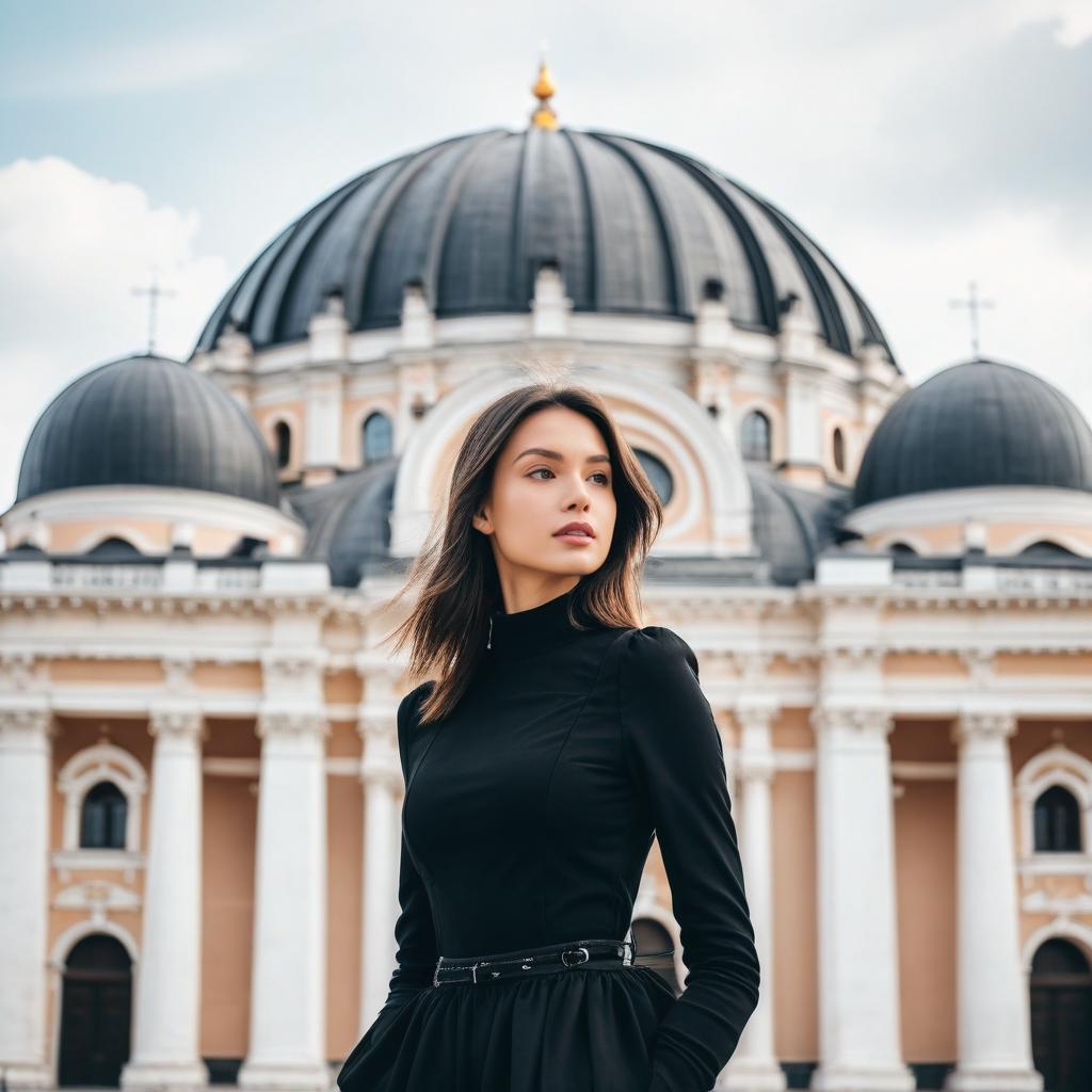Elegant Woman in Black Dress in Front of Classical Dome Architecture