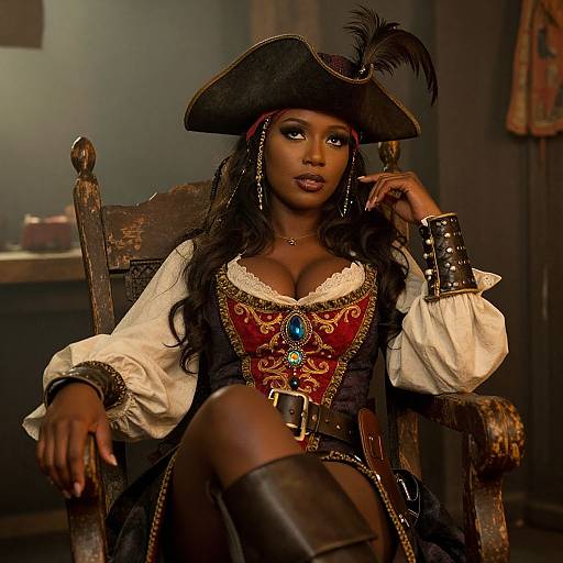Confident Woman in Ornate Pirate Captain Costume Sitting in Rustic Chair