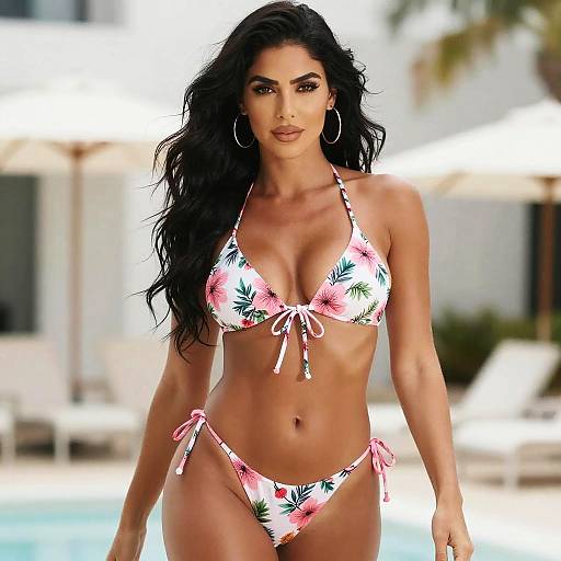 Woman in Floral Bikini by Poolside in Sunny Outdoor Setting