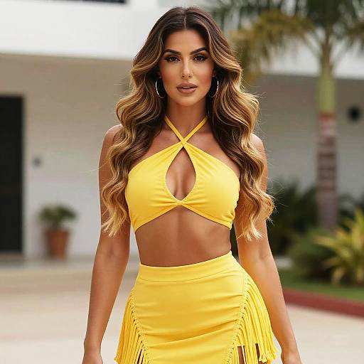 Woman in Yellow Halter Neck Crop Top and Fringed Skirt Outdoors