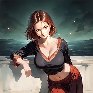 Auburn-haired woman by water under cloudy sky