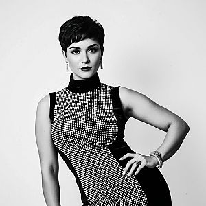 Stylish Woman in Houndstooth Dress