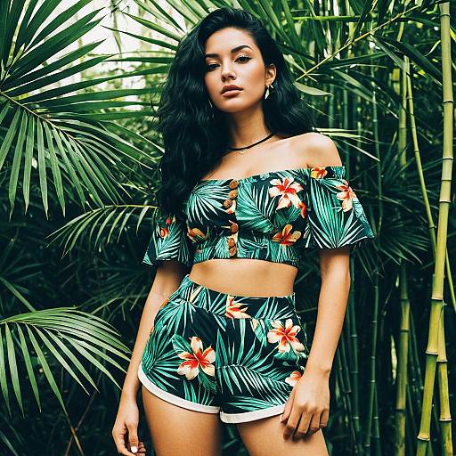 Tropical Summer Fashion Woman in Floral Crop Top and Shorts