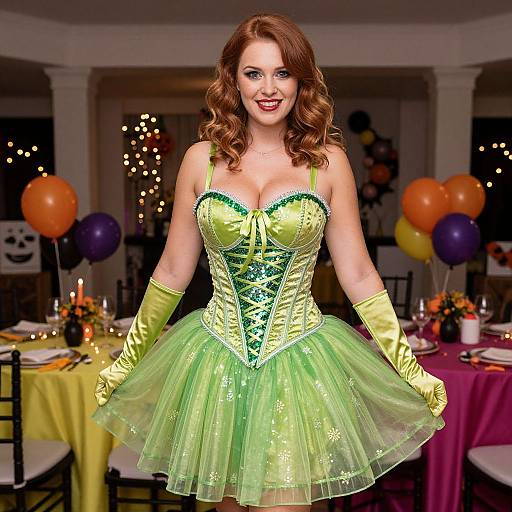 Woman in Sparkling Green Fairy Costume at Party