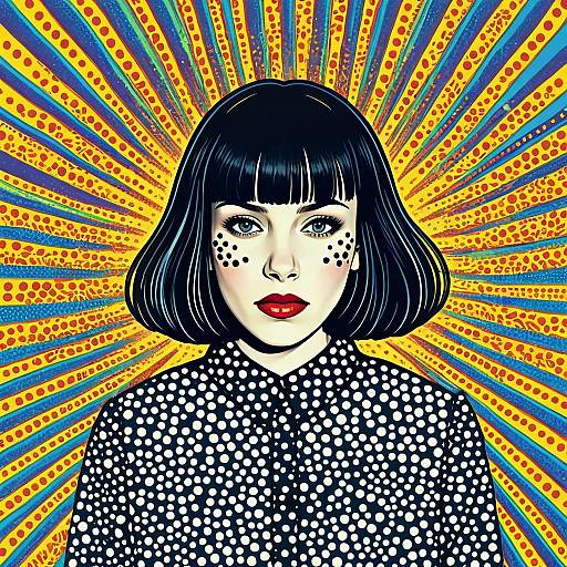 Pop Art Woman with Bob Haircut and Polka Dot Shirt Against Vibrant Retro Background