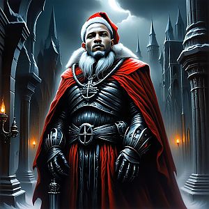 Powerful Man in Black Armor with Red Cape in Gothic Cathedral