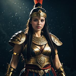Woman in Ornate Golden Warrior Armor with Helm and Red Plume