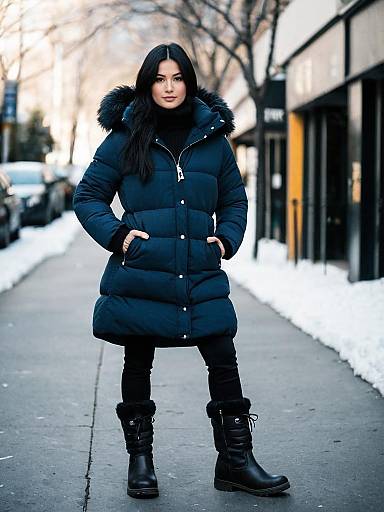 Woman Wearing Long Navy Blue Puffer Coat with Fur Hood in Winter City