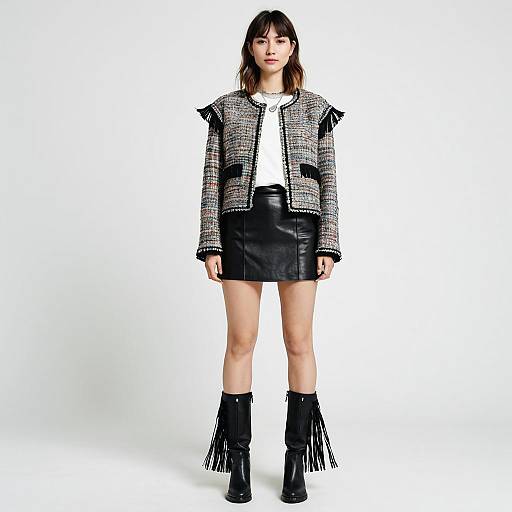 Woman Wearing Casual Chic Multicolor Tweed Jacket with Fringe Detailing