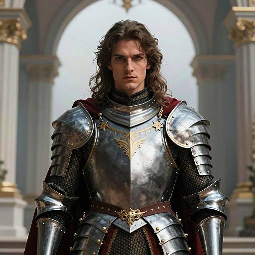 Medieval Knight in Ornate Armor with Regal Cape in Archway