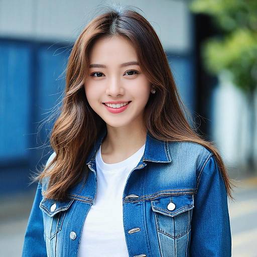 Portrait of Smiling Woman in Blue Denim Jacket Outdoors