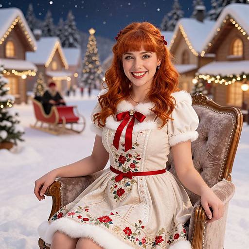 Red-Haired Woman in Vintage Winter Dress in Festive Snowy Village