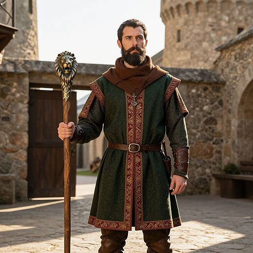 Medieval Nobleman in Castle Courtyard Holding Lion Staff