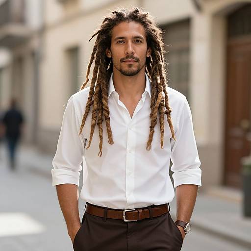Confident Man with Long Dreadlocks in White Shirt Casual Urban Portrait